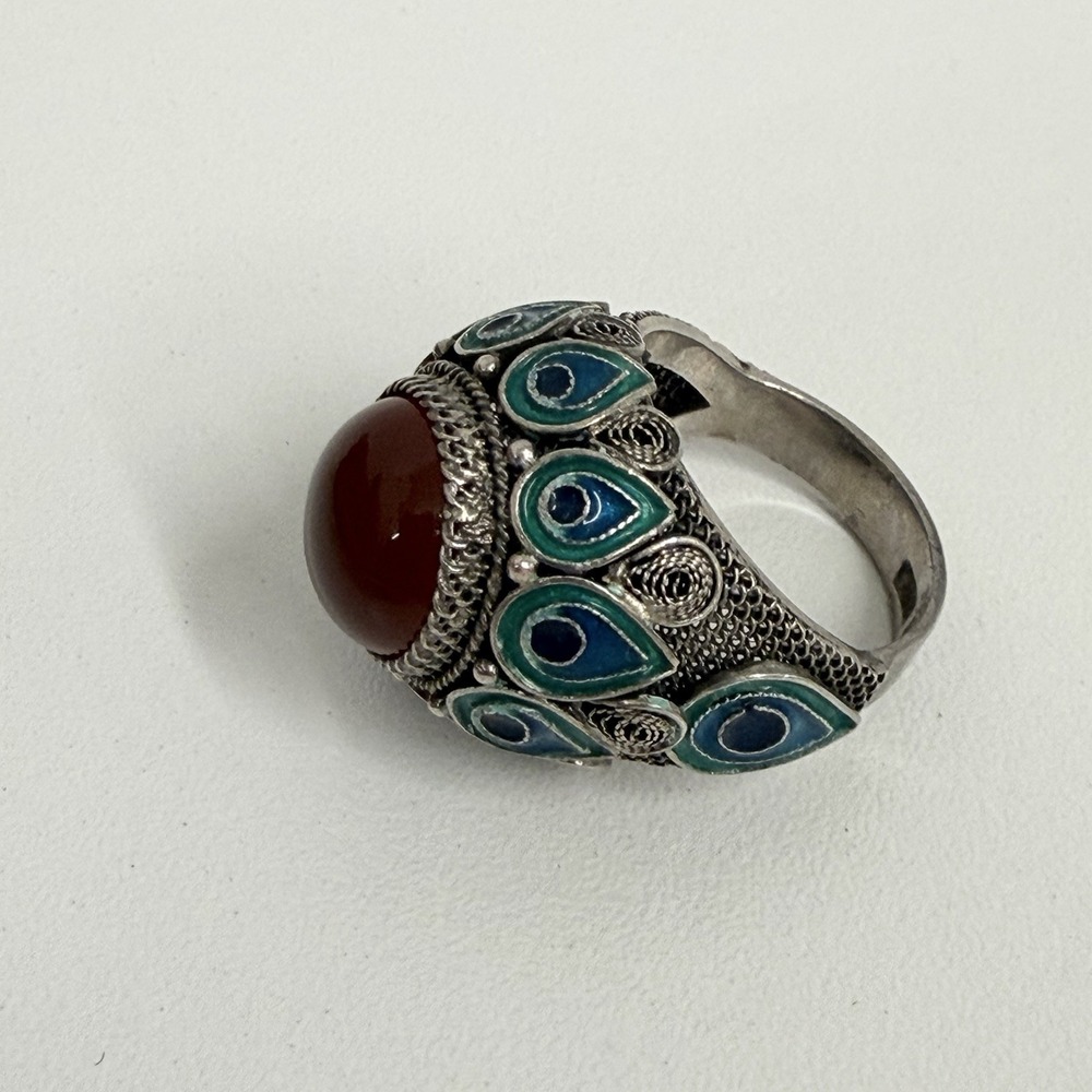 Vintage Chinese Export Sterling Filigree Enamel Carnelian Ring by BJ Size 7 - Picture 6 of 12
